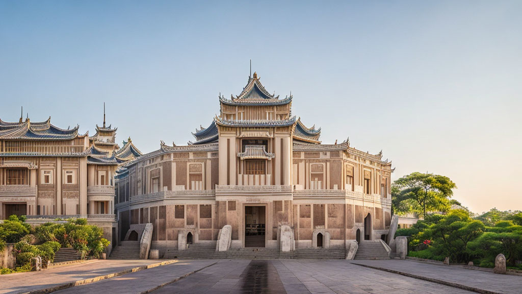 Traditional Asian Palace with Tiered Roofs and Ornate Details