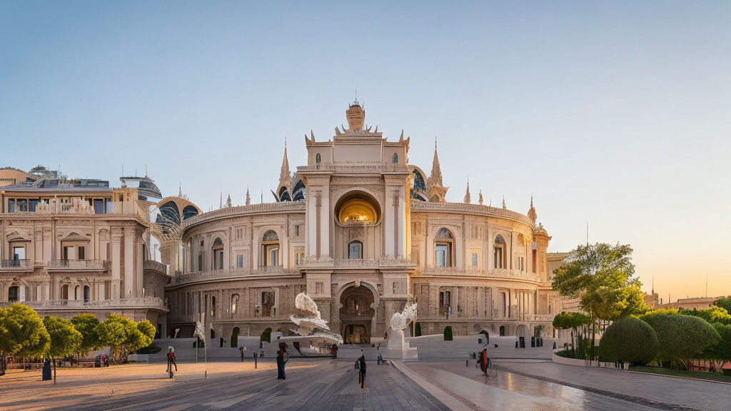 Ornate architecture with domes and arches at sunset square