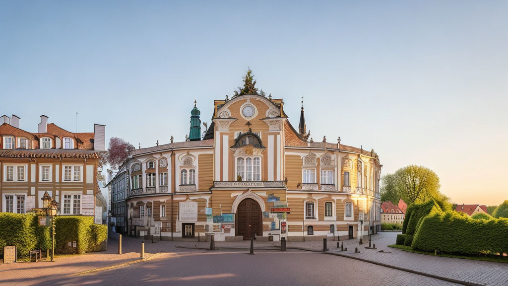 Ornate Baroque-style Building with Cobblestone Forecourt at Golden Hour