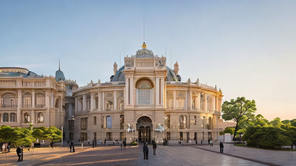 Neoclassical building with central dome at sunset with people in plaza