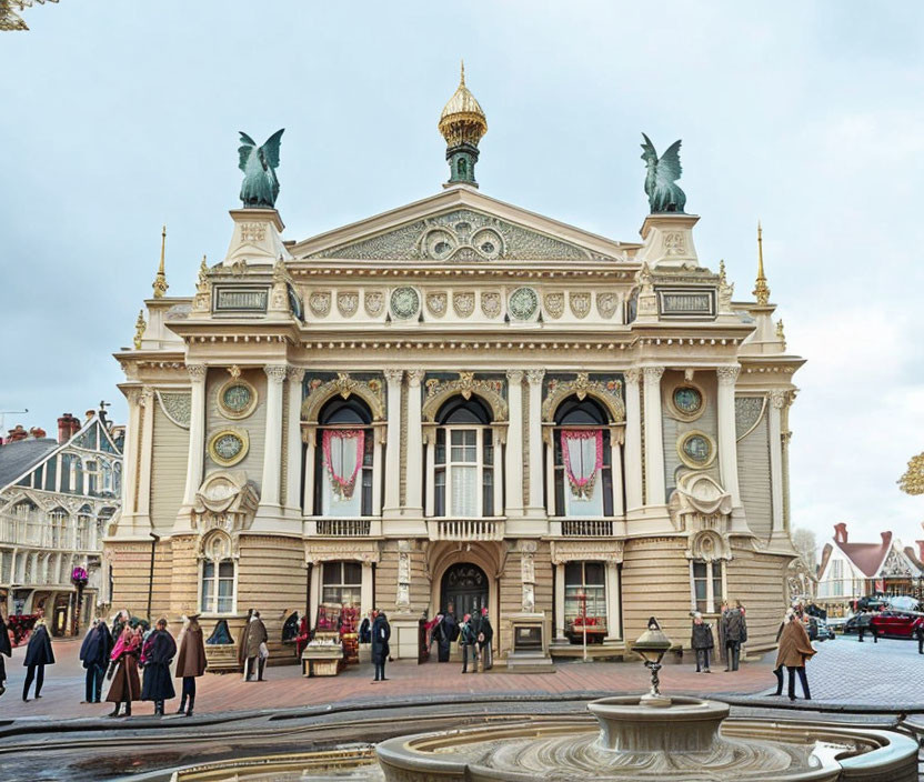 Ornate Building with Central Spire, Statues, and People Outside