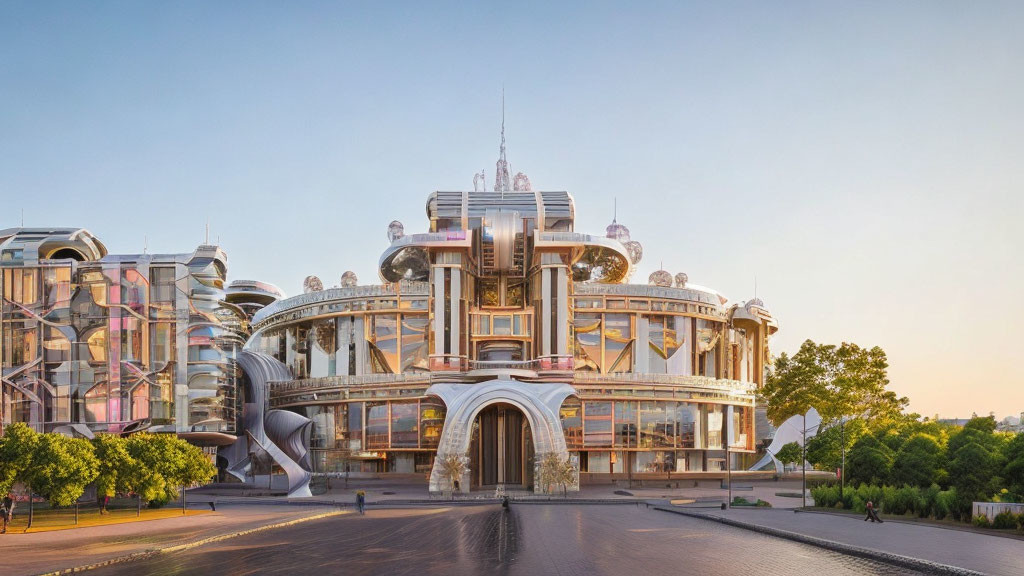 Futuristic metallic and glass building with rounded structures and walkways against clear dusk sky