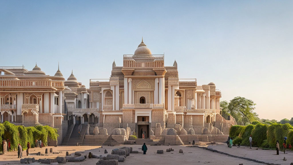 Traditional building with central dome and intricate designs in courtyard.