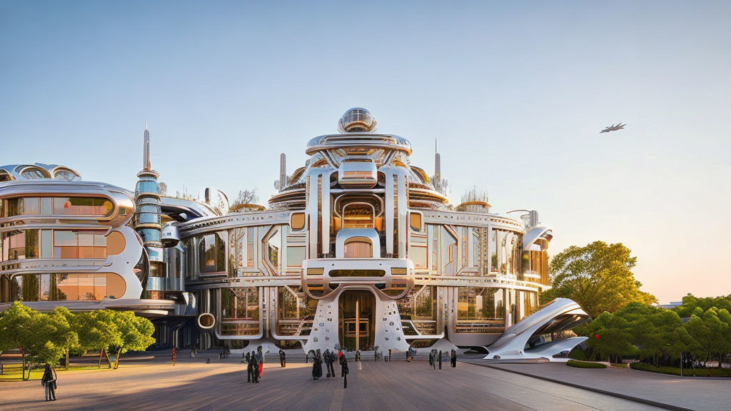 Modern rounded architecture with people and airplane at dusk