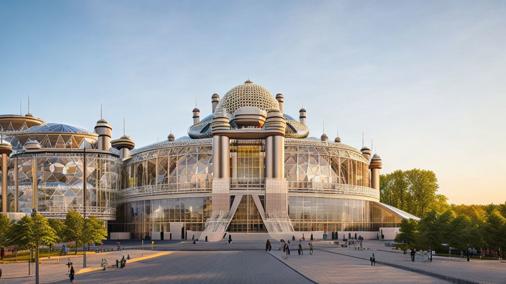 Modern architectural structure with domes and lattice work in a tree-filled plaza.