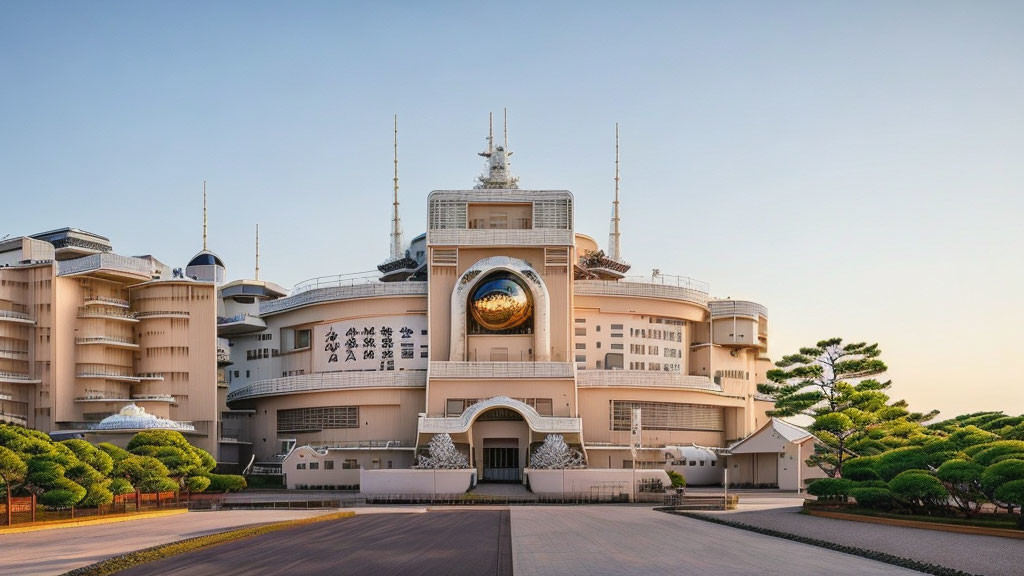 Circular gold feature in modern building with symmetrical wings and antennas.