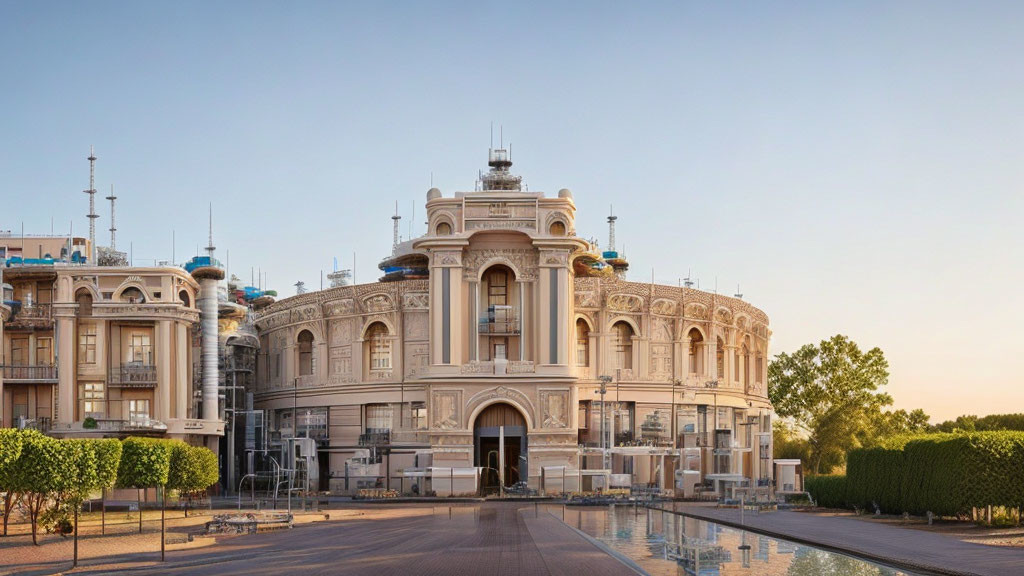 Ornate Classical Building with Dome and Water Features at Twilight