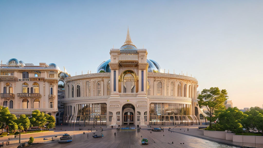 Ornate building with arched entrance, dome, and blue-tinted glass roofs