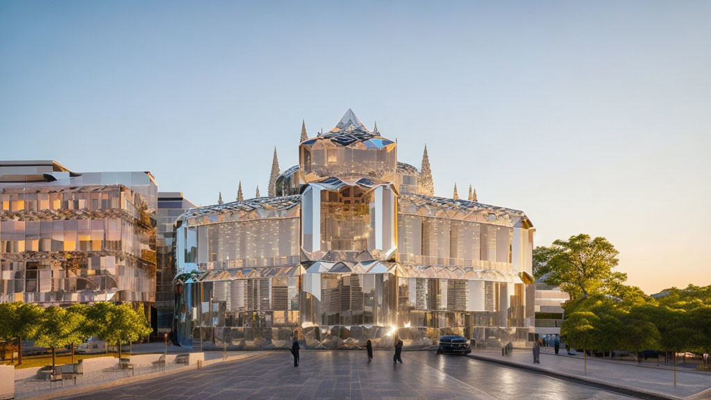 Futuristic crystal facade building at dusk with spires and modern structures