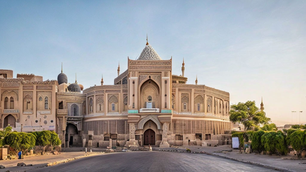 Ornate building with central domed entrance and Islamic architecture under clear sky