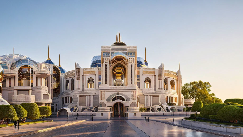 Traditional Design Elements in Modern Building: Domes and Archways against Blue Sky