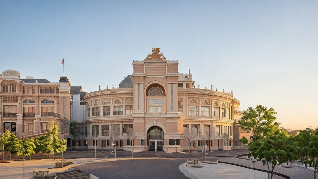 Neoclassical building with ornate facade at dawn