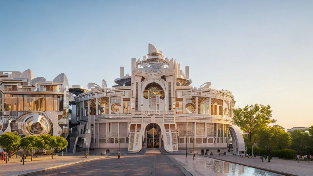 Modern ornate building with intricate designs at sunset