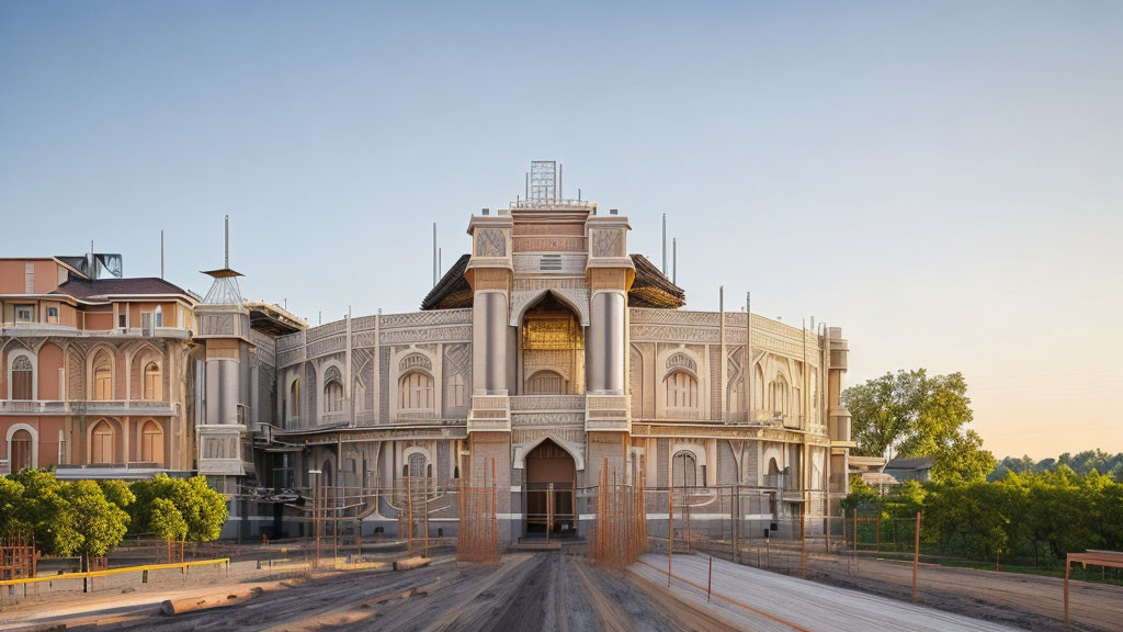 Ornate building with arched entrance and balconies at dusk