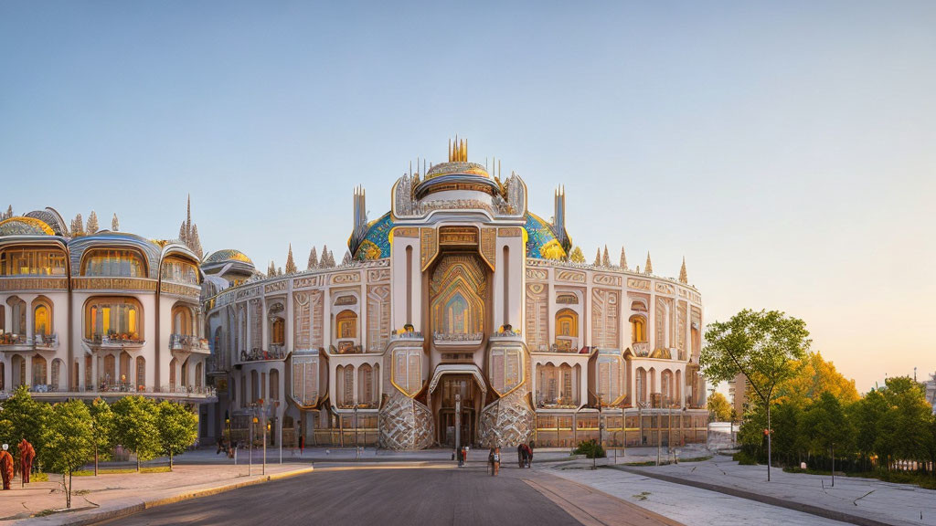 Ornate building with golden domes and intricate designs at sunset