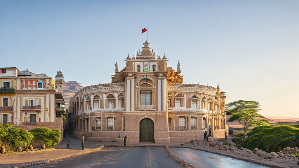 Moroccan flag on ornate building with palm trees