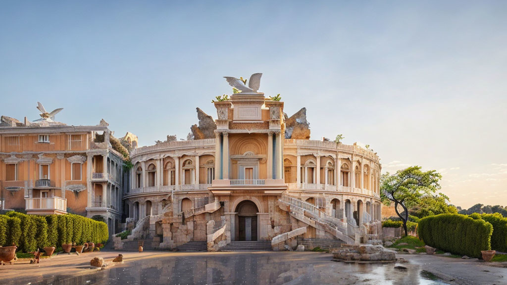 Neoclassical Building with Eagle Statue and Sculptures