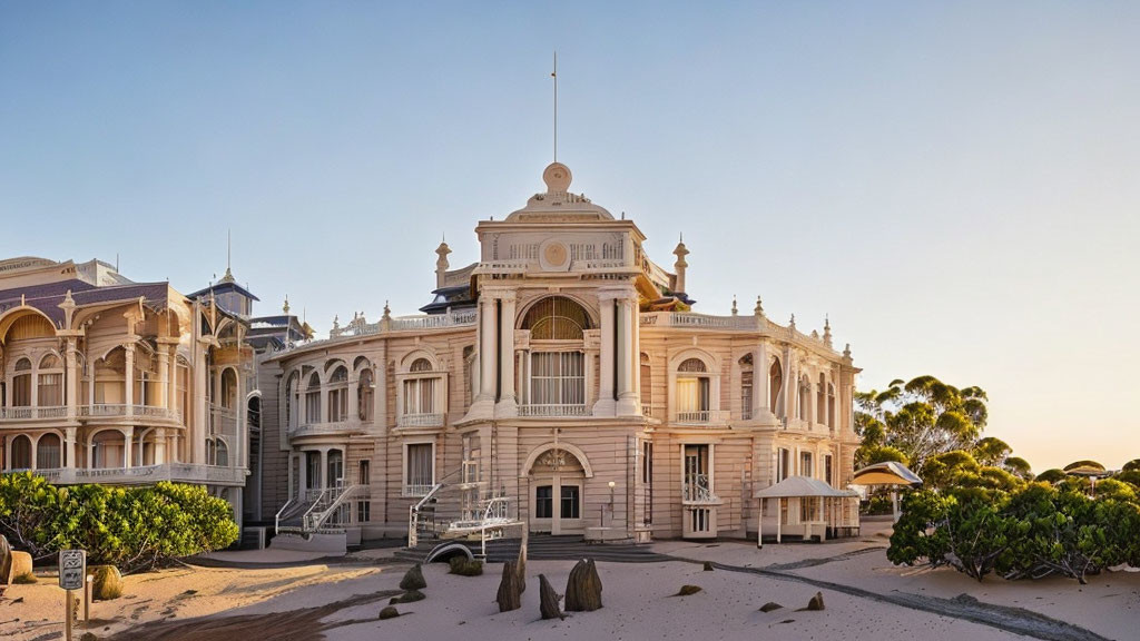 Ornate architecture of historic building with balconies and staircase