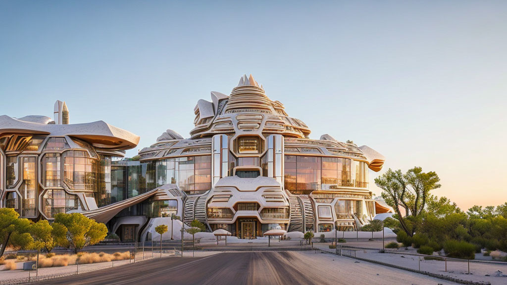 Futuristic desert building with undulating shapes and glass facades