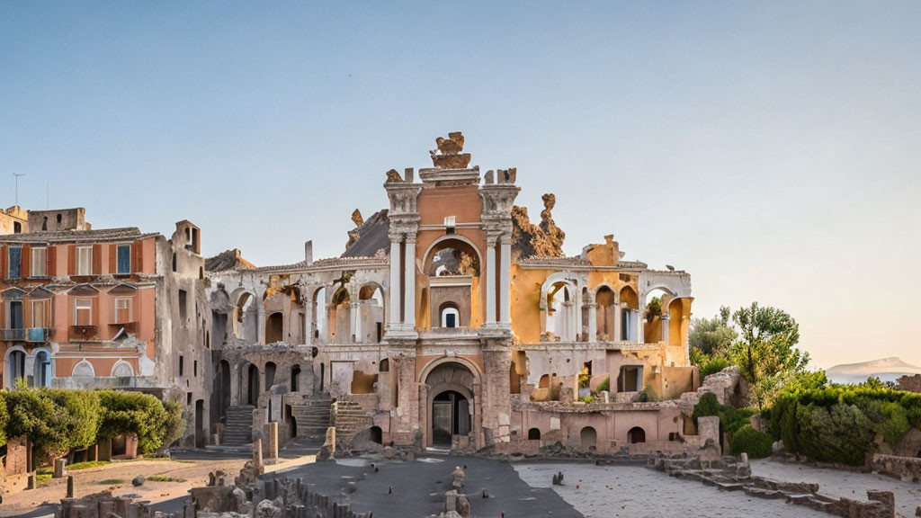 Ancient amphitheater ruins with surviving arches and decorative elements, set against modern buildings.