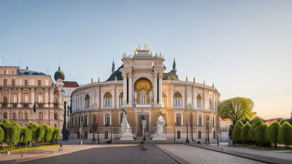 Neoclassical building with ornate facade and sculptures at sunset