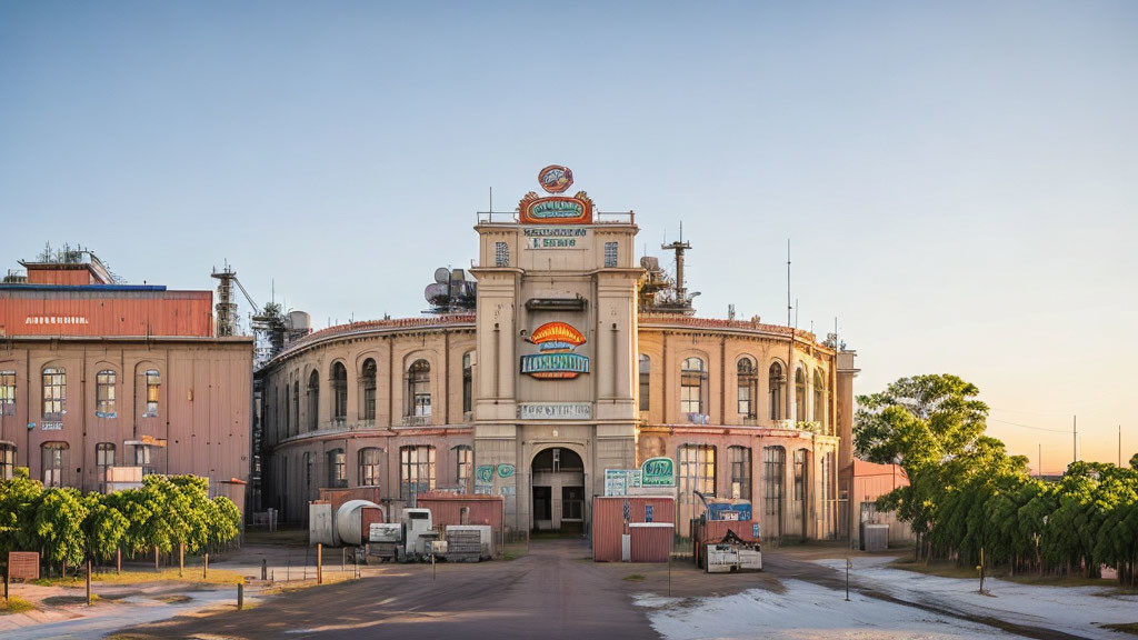 Historic brewery building with arched entrance and grand façade in dusk setting