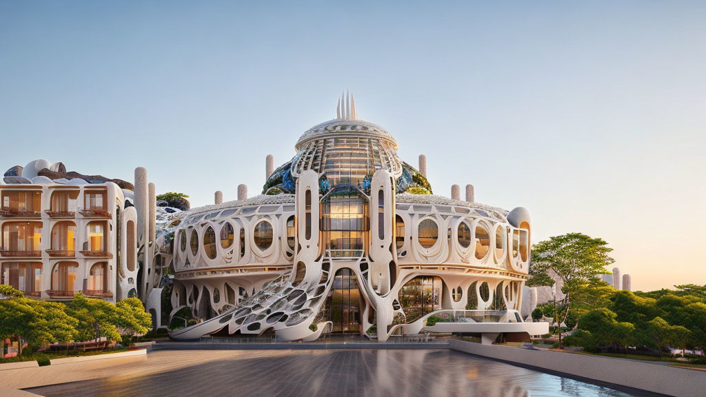 Futuristic organic white building with glass domes and trees