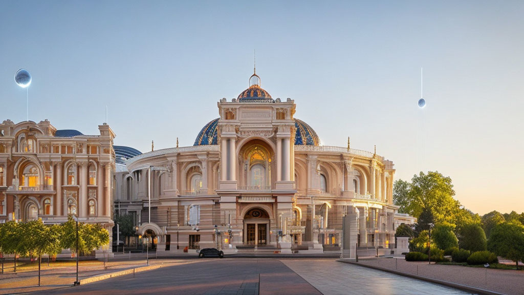 Dome-roofed building at sunset with intricate facade and two moons