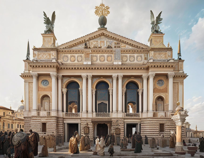 Ornate Neo-Renaissance Opera House with Golden Sunburst and Statues