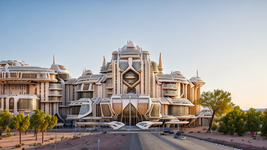 Futuristic building with towers and balconies against dusky sky