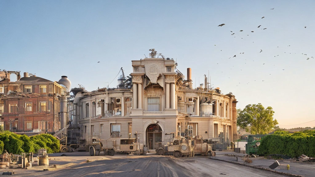 Dilapidated classical building amidst construction and birds in clear sky