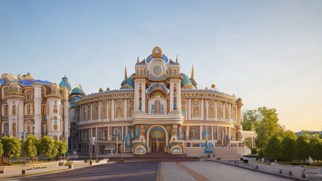 Colorful ornate building with arches and domes against clear sky and cobblestone plaza