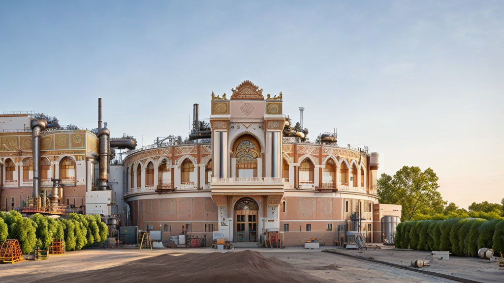 Elaborate Building Contrasted with Industrial Structures