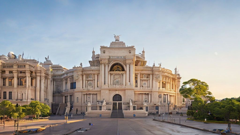 European-style Building with Grand Arch Entrance and Statues under Dusk Sky