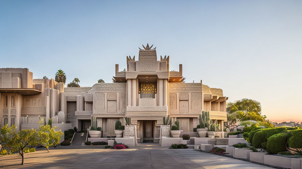 Elaborate architectural style with wall carvings and stepped facade at dusk