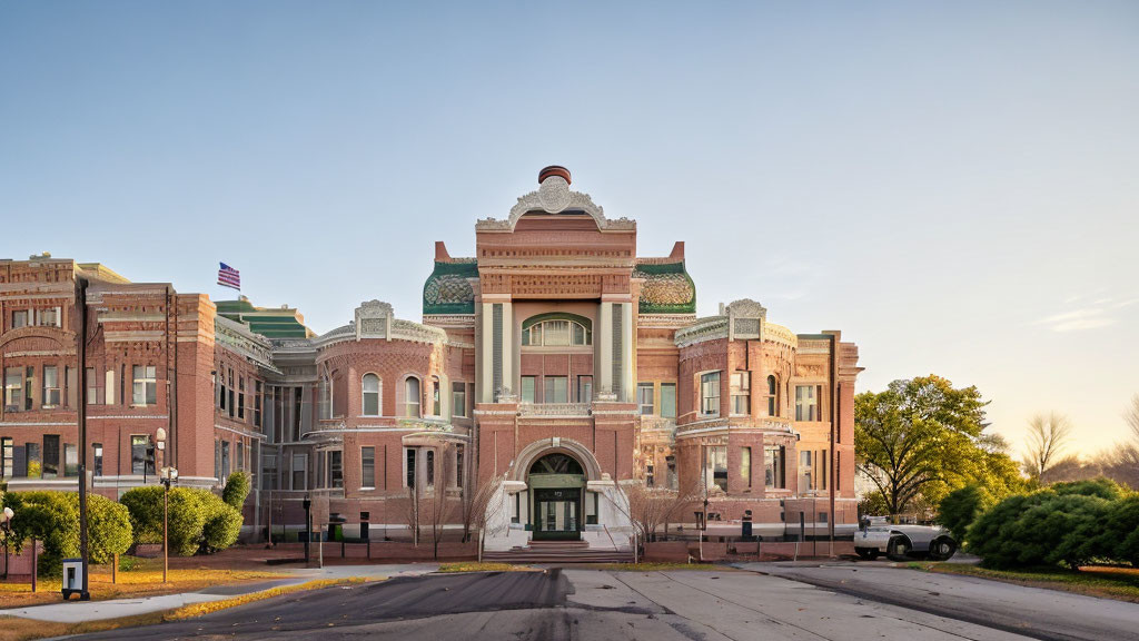 Historic building with central dome and symmetrical wings against clear sky