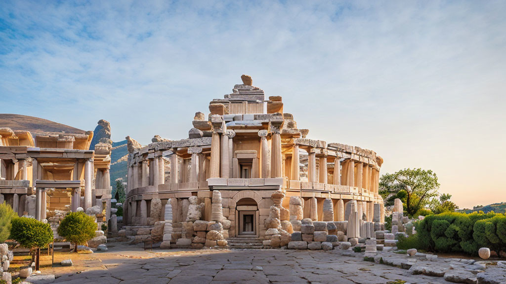 Ancient Greek-style stone library ruins at dusk