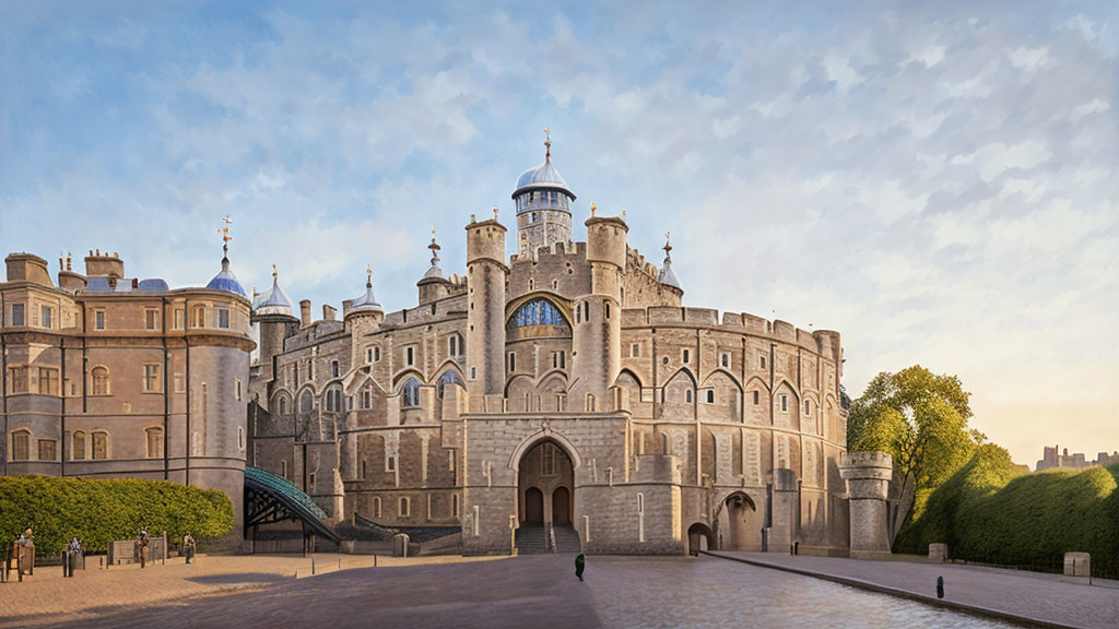 Medieval castle with round towers and arched gateways at dusk