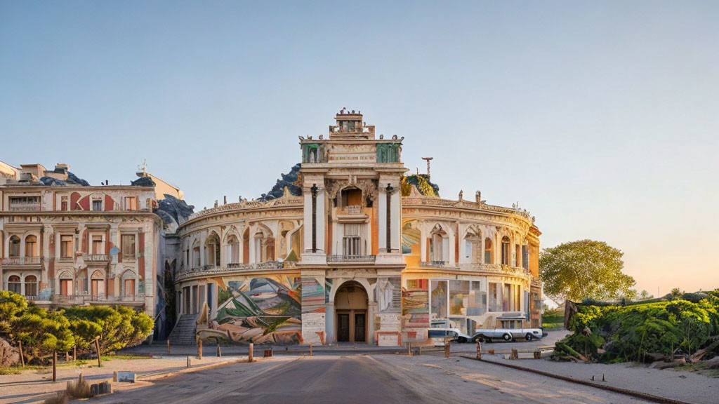 Historic building with ornate architecture, car, trees, sunset view