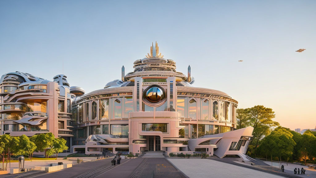 Futuristic spherical building with modern wings and intricate designs at sunset