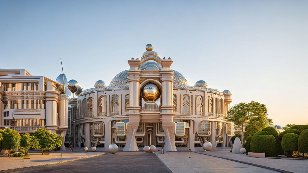 Spherical domed building with intricate architecture at sunset