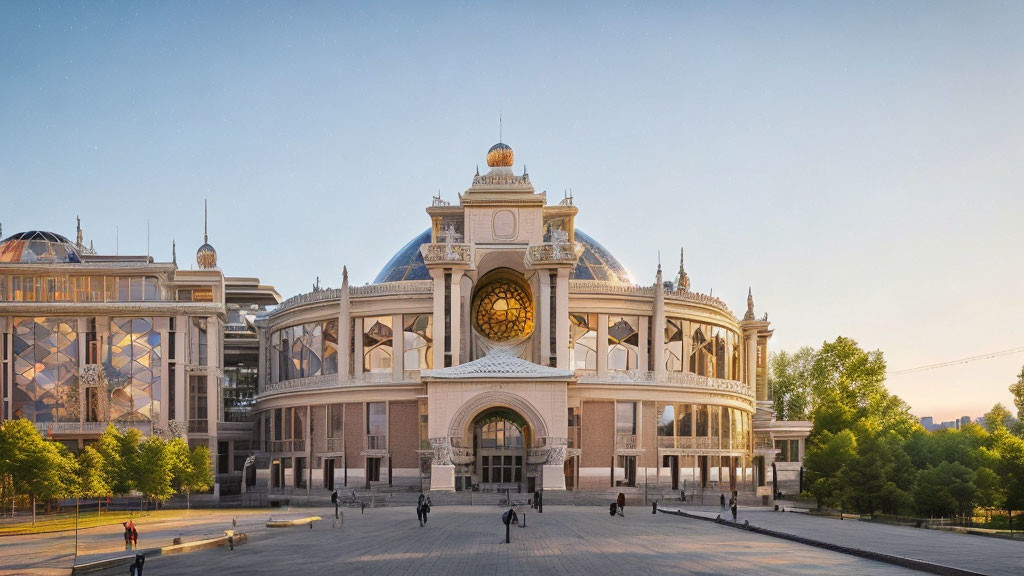 Classical building with grand clock, dome, and arched windows at dawn or dusk