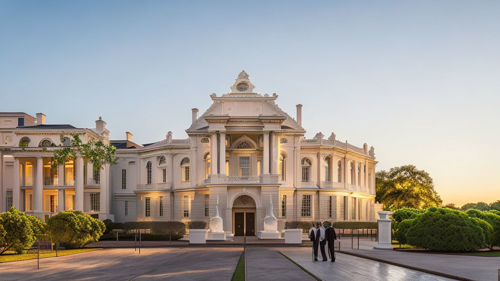 White Neoclassical Building at Sunset with People Conversing in Lush Greenery