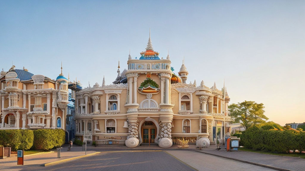 Intricate European and Eastern architecture at dusk