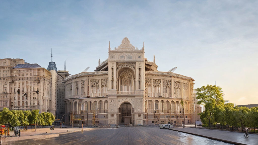 Historical Building with Ornate Facade Surrounded by Modern Architecture