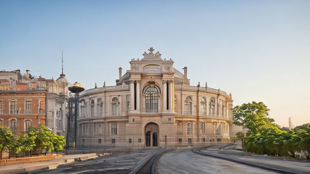 Neoclassical Building with Tram Tracks and Vintage Architecture