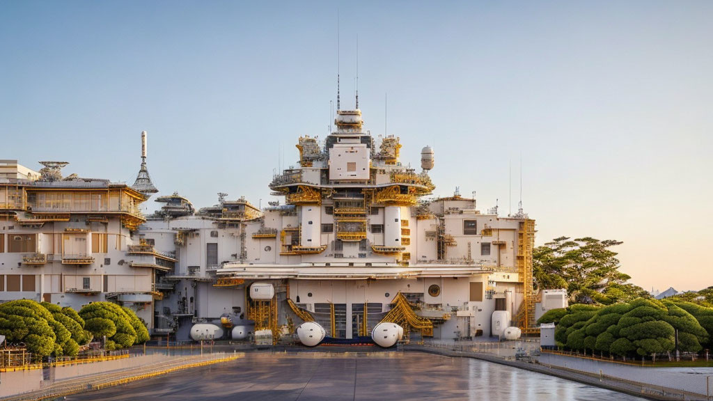 Large white building with modular design and satellite dishes against clear dusk sky