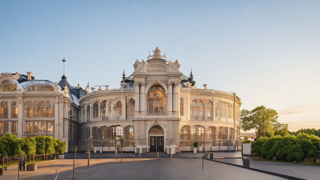 Elaborate classical building with sculptures and grand entrance at sunset