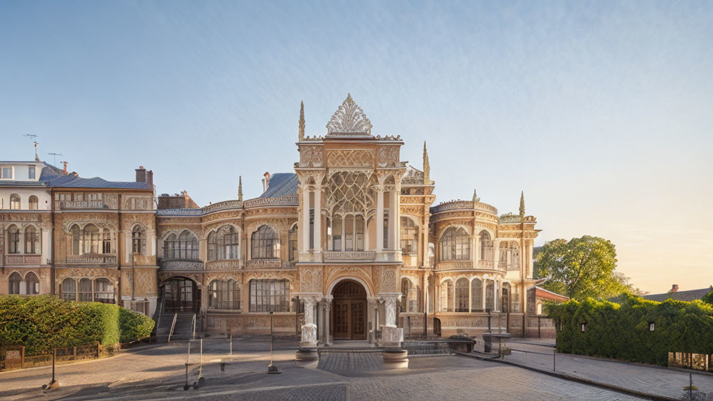 Historic Gothic building with arches and spires against blue sky