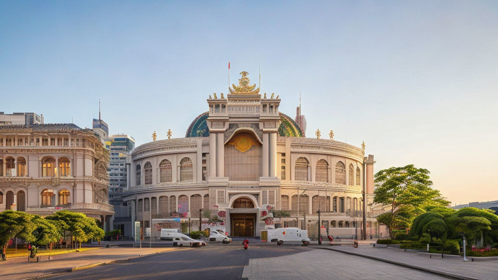 Neoclassical building with ornate facade and dome in modern cityscape